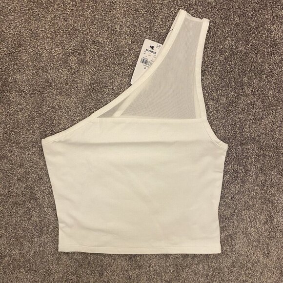 Express Womens Body Contour Stretch One Shoulder Mesh Cropped Tank White Size XS - Picture 6 of 16